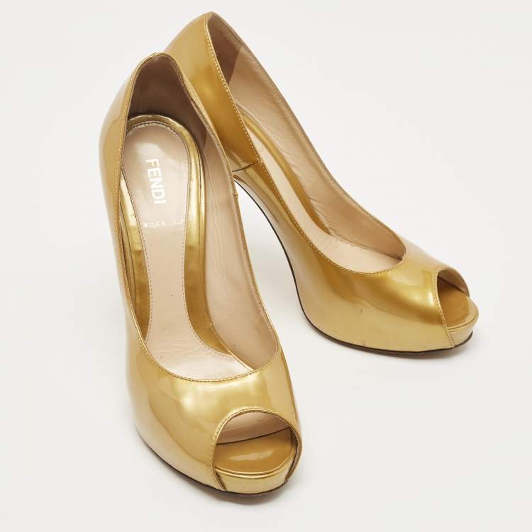 Pre Owned Fendi Gold Patent Leather Zucca Heel Peep Toe Pumps Size 39.5