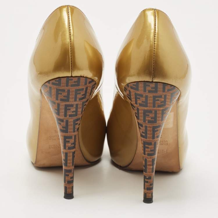 Pre Owned Fendi Gold Patent Leather Zucca Heel Peep Toe Pumps Size 39.5