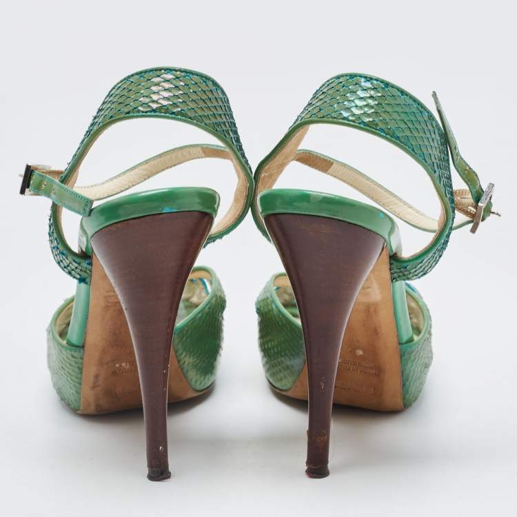 Pre Owned Fendi Green  Python Embossed Leather Slingback Sandals Size 39