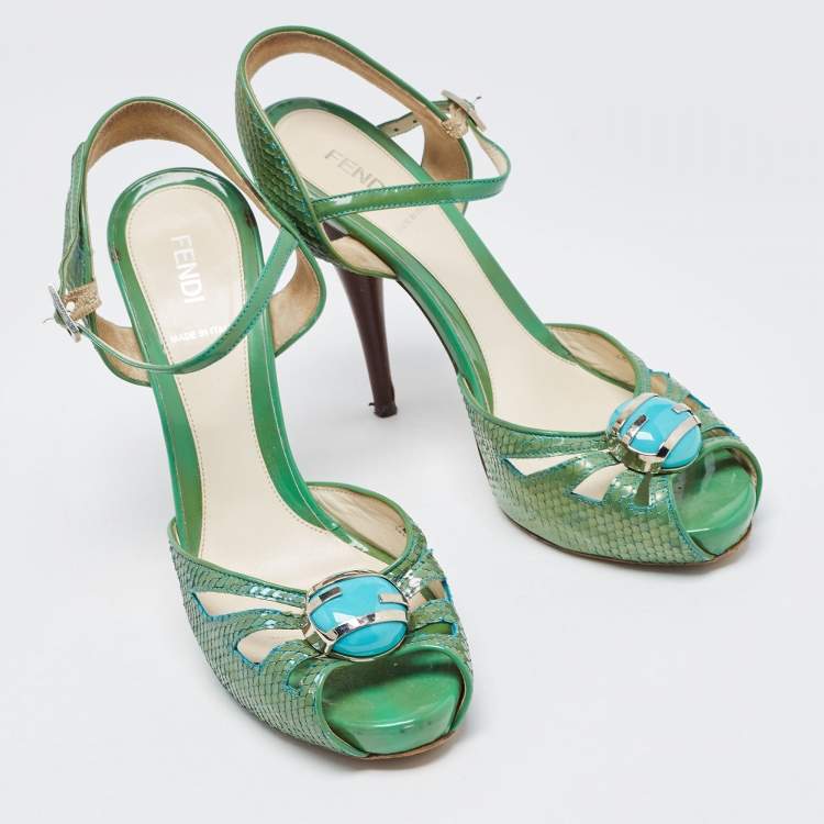 Pre Owned Fendi Green  Python Embossed Leather Slingback Sandals Size 39