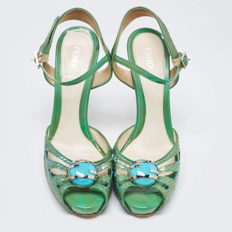 Pre Owned Fendi Green  Python Embossed Leather Slingback Sandals Size 39