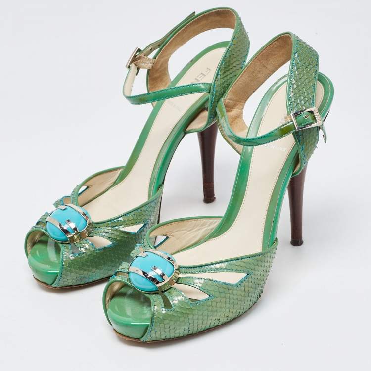 Pre Owned Fendi Green  Python Embossed Leather Slingback Sandals Size 39