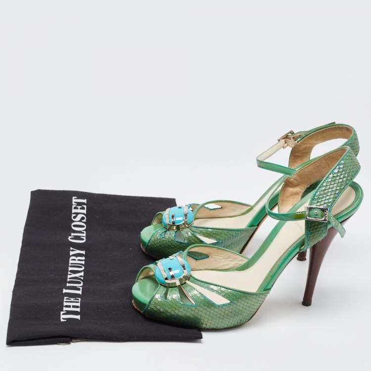 Pre Owned Fendi Green  Python Embossed Leather Slingback Sandals Size 39