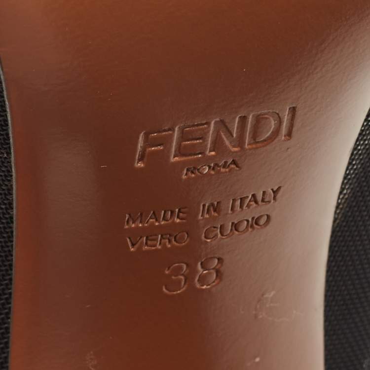 Pre Owned Fendi Black/Beige Zucca Mesh And Fabric Colibri Knee Length Boots Size 38
