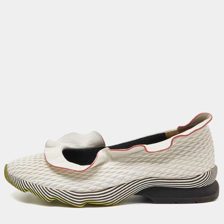 Pre Owned Fendi White Leather Ruffle Trim Slip On Sneakers Size 39