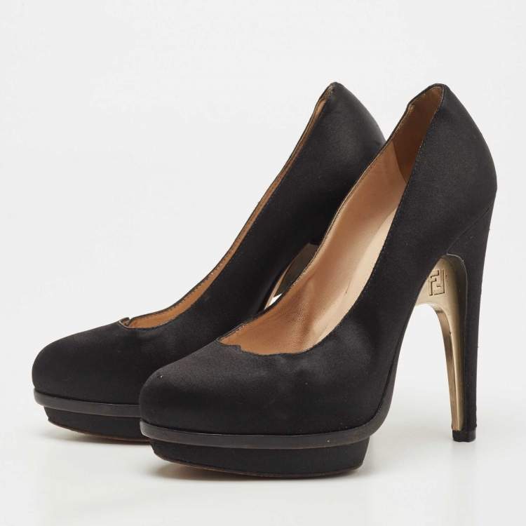 Pre Owned Fendi Black Satin FF Logo Bridge Heel Platform Pumps Size 36