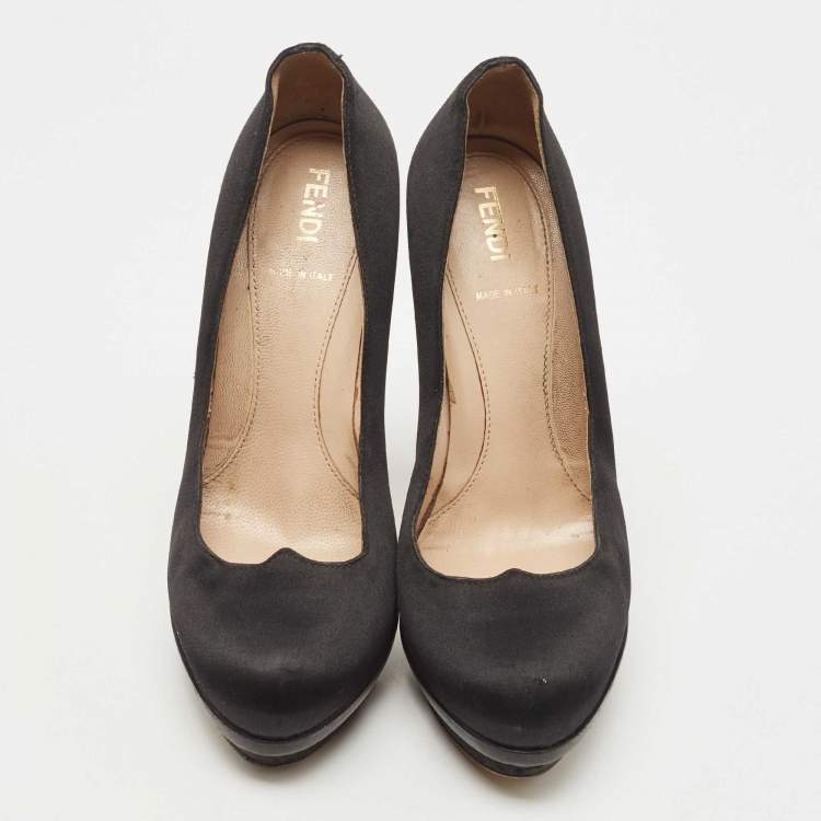 Pre Owned Fendi Black Satin FF Logo Bridge Heel Platform Pumps Size 36