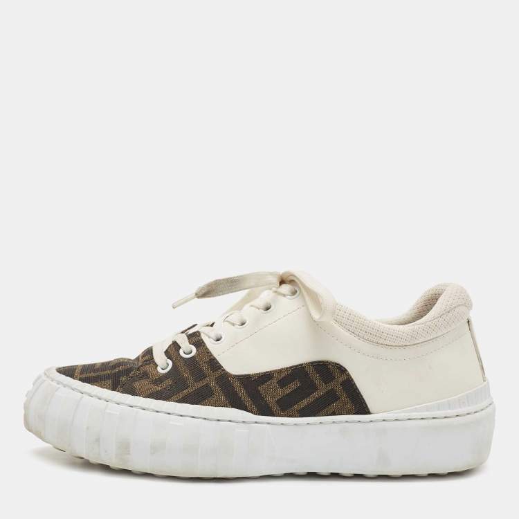 Pre Owned Fendi White/Brown FF Canvas and Leather Motif Lace Up Sneakers Size 39