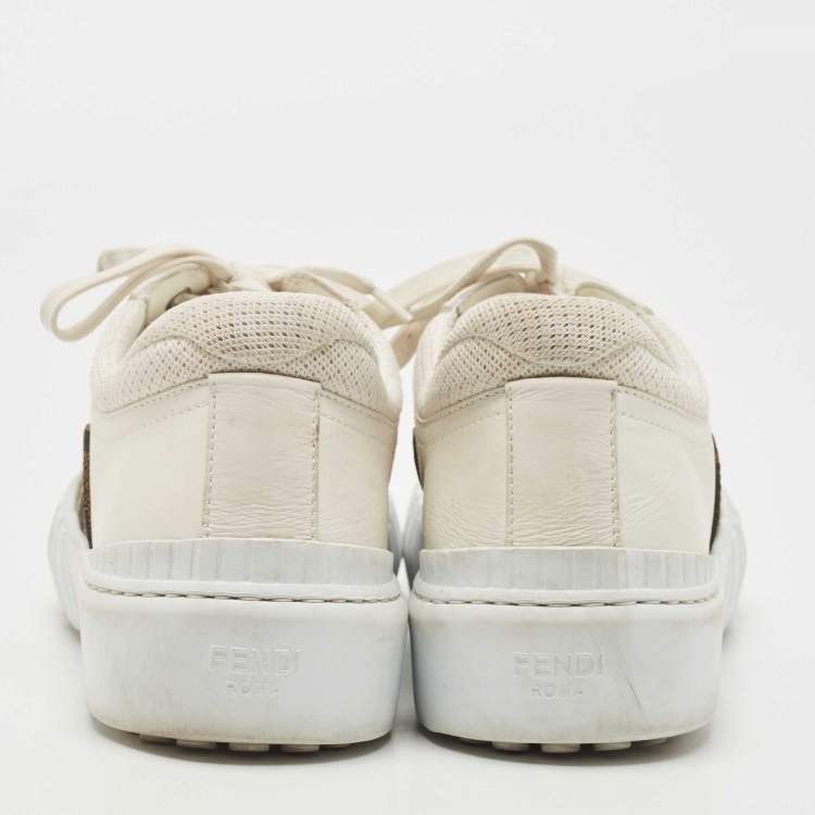 Pre Owned Fendi White/Brown FF Canvas and Leather Motif Lace Up Sneakers Size 39