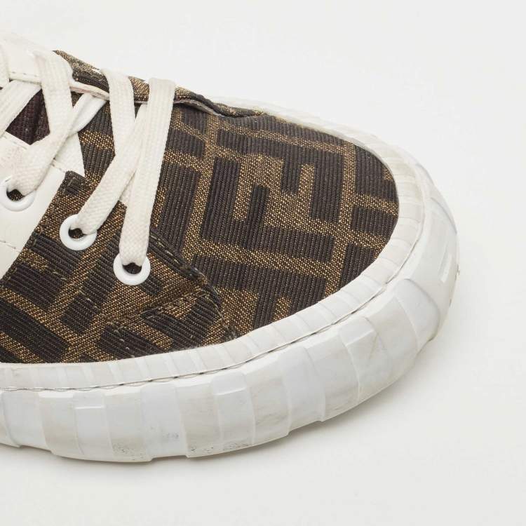 Pre Owned Fendi White/Brown FF Canvas and Leather Motif Lace Up Sneakers Size 39
