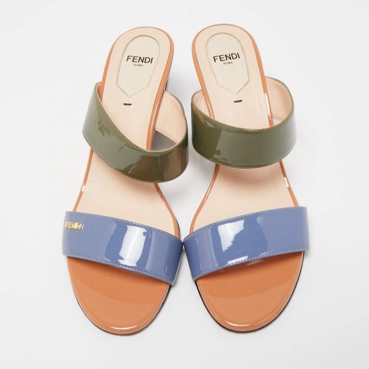 Pre Owned Fendi Multicolor Patent Leather Wedge Slide Sandals Size 38.5