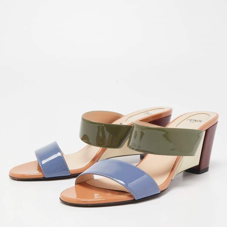 Pre Owned Fendi Multicolor Patent Leather Wedge Slide Sandals Size 38.5