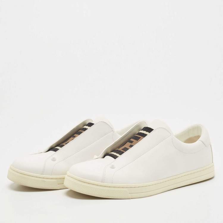 Pre Owned Fendi White Leather And Brown FF Knit Fabric Rockoclick Low Top Sneakers Size 38