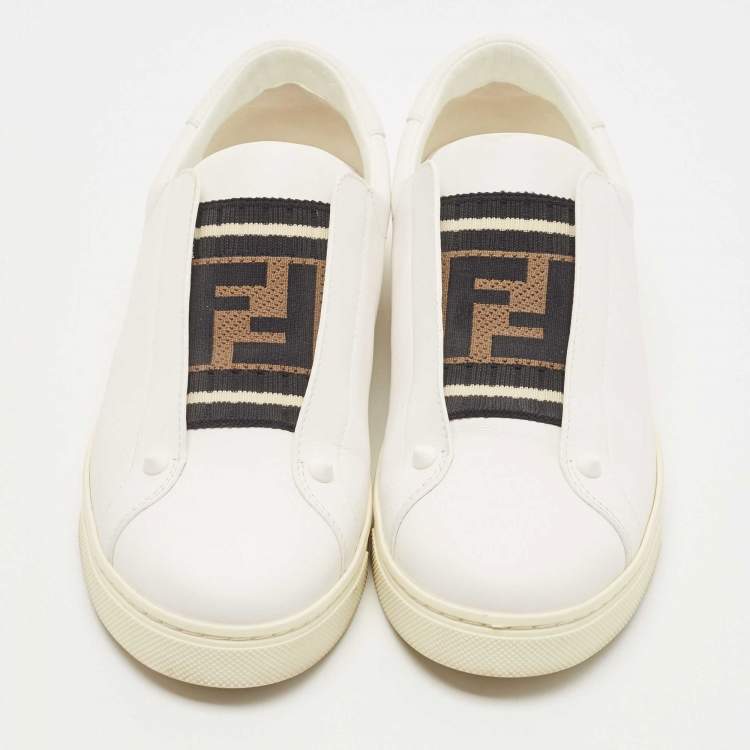 Pre Owned Fendi White Leather And Brown FF Knit Fabric Rockoclick Low Top Sneakers Size 38