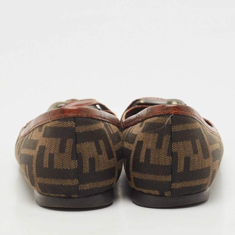 Pre Owned Fendi Brown Zucca Canvas And Croc Embossed Leather Buckle Detail Ballet Flats Size 39