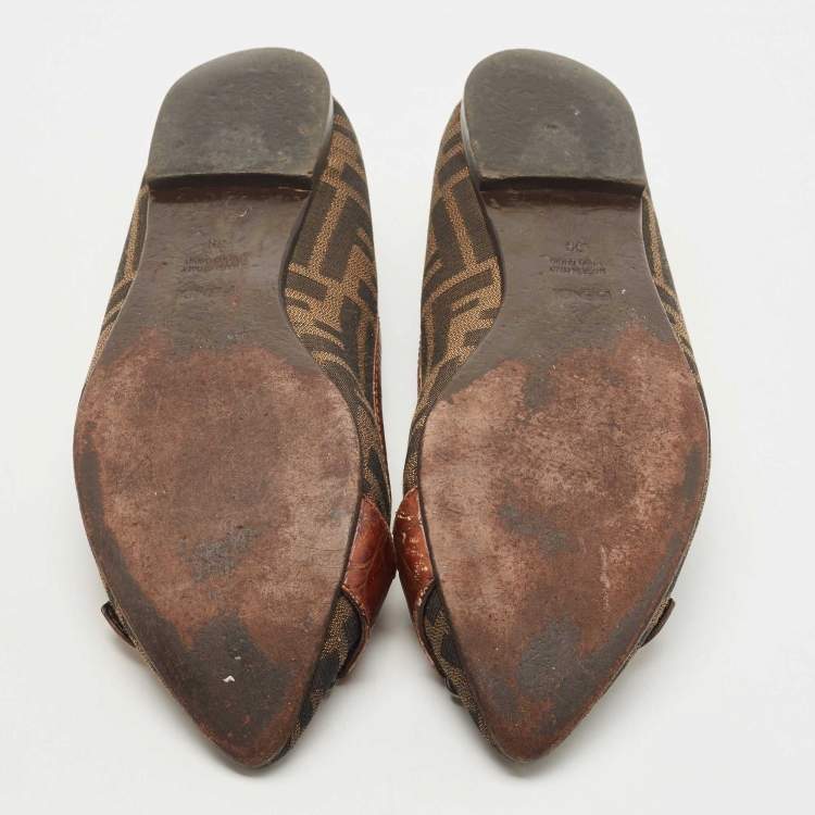 Pre Owned Fendi Brown Zucca Canvas And Croc Embossed Leather Buckle Detail Ballet Flats Size 39