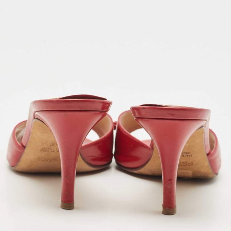 Pre Owned Fendi Dark Red Leather Logo Charm Bow Slide Sandals Size 35