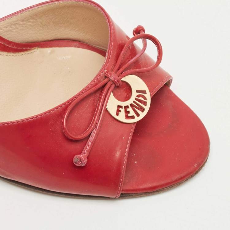 Pre Owned Fendi Dark Red Leather Logo Charm Bow Slide Sandals Size 35