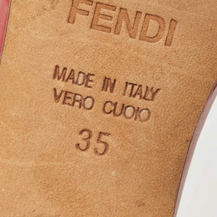Pre Owned Fendi Dark Red Leather Logo Charm Bow Slide Sandals Size 35