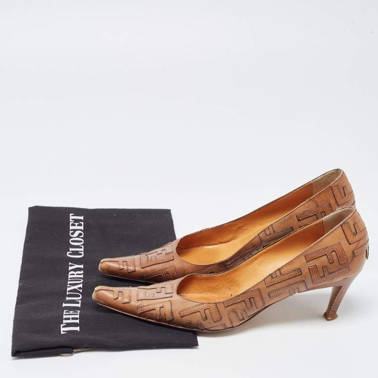 Pre Owned Fendi Brown Leather FF Pointed Toe Pumps Size 37