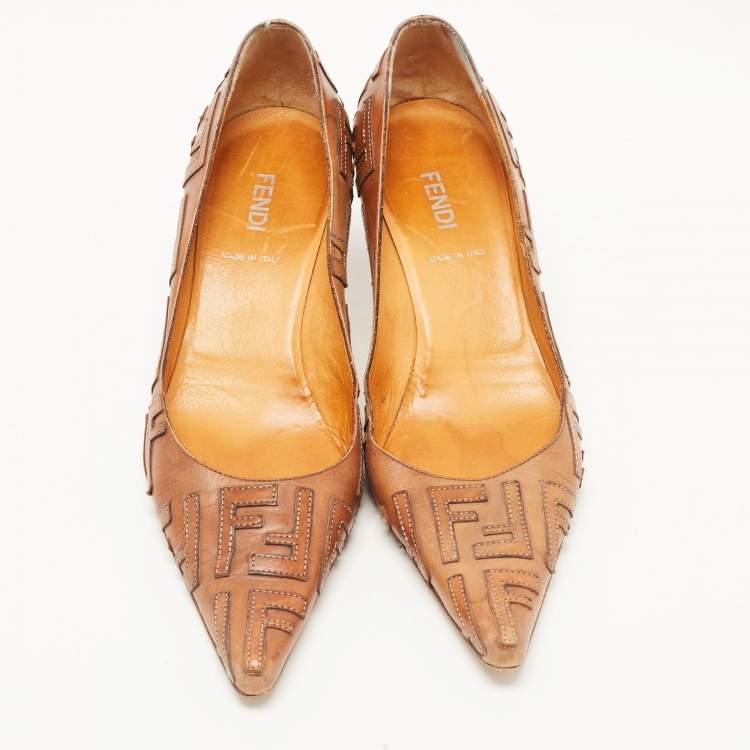 Pre Owned Fendi Brown Leather FF Pointed Toe Pumps Size 37