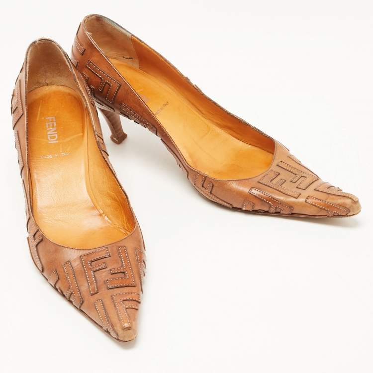 Pre Owned Fendi Brown Leather FF Pointed Toe Pumps Size 37