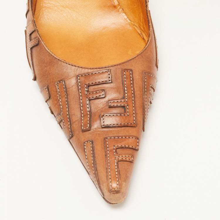 Pre Owned Fendi Brown Leather FF Pointed Toe Pumps Size 37