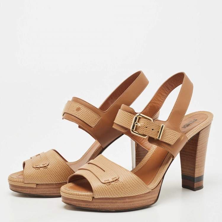 Pre Owned Fendi Beige Leather Ankle Strap Platform Sandals Size 40