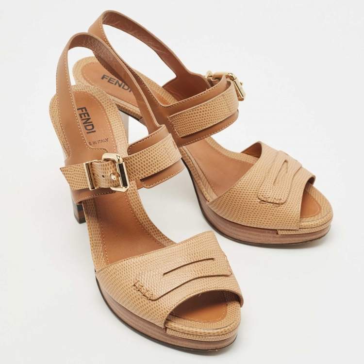 Pre Owned Fendi Beige Leather Ankle Strap Platform Sandals Size 40