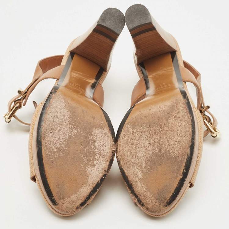 Pre Owned Fendi Beige Leather Ankle Strap Platform Sandals Size 40