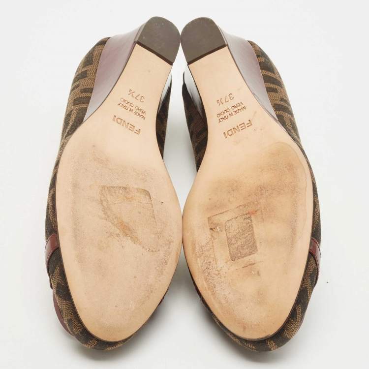 Pre Owned Fendi Burgundy/Brown Patent Leather and Tobacco Zucca Canvas Logo Plate Wedge Pumps Size 37.5