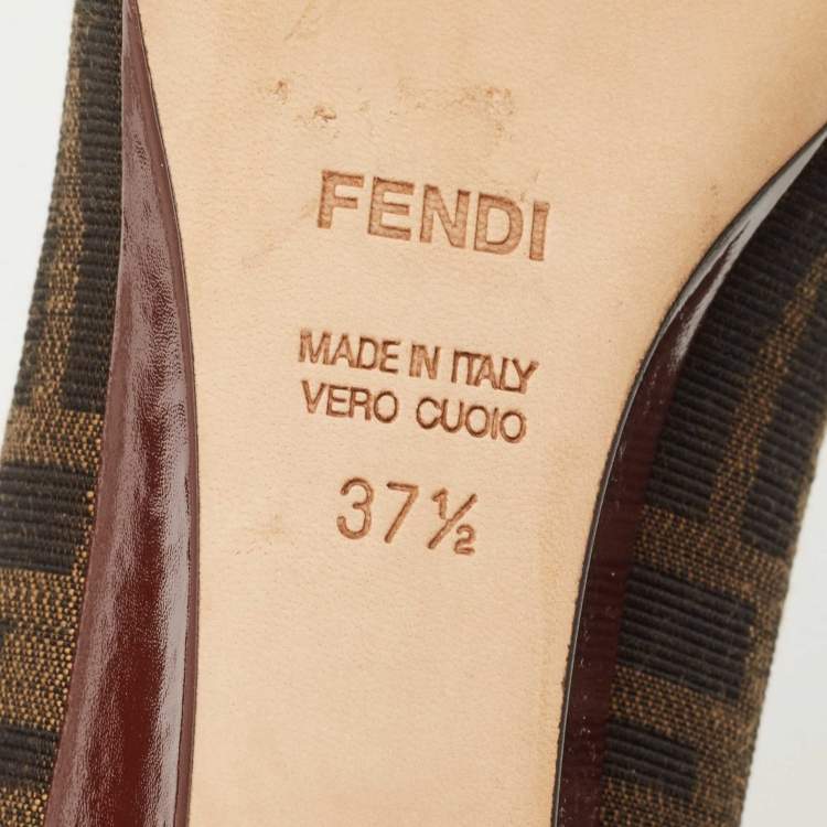 Pre Owned Fendi Burgundy/Brown Patent Leather and Tobacco Zucca Canvas Logo Plate Wedge Pumps Size 37.5