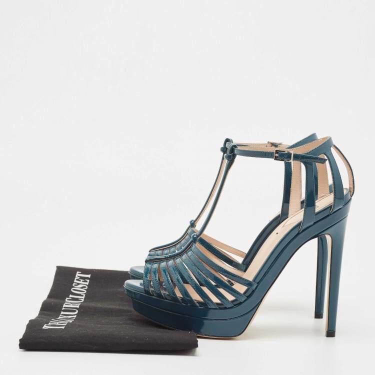 مملوكة مسبقًا Fendi Teal Blue Patent Leather T Strap Platform Sandals Size 37