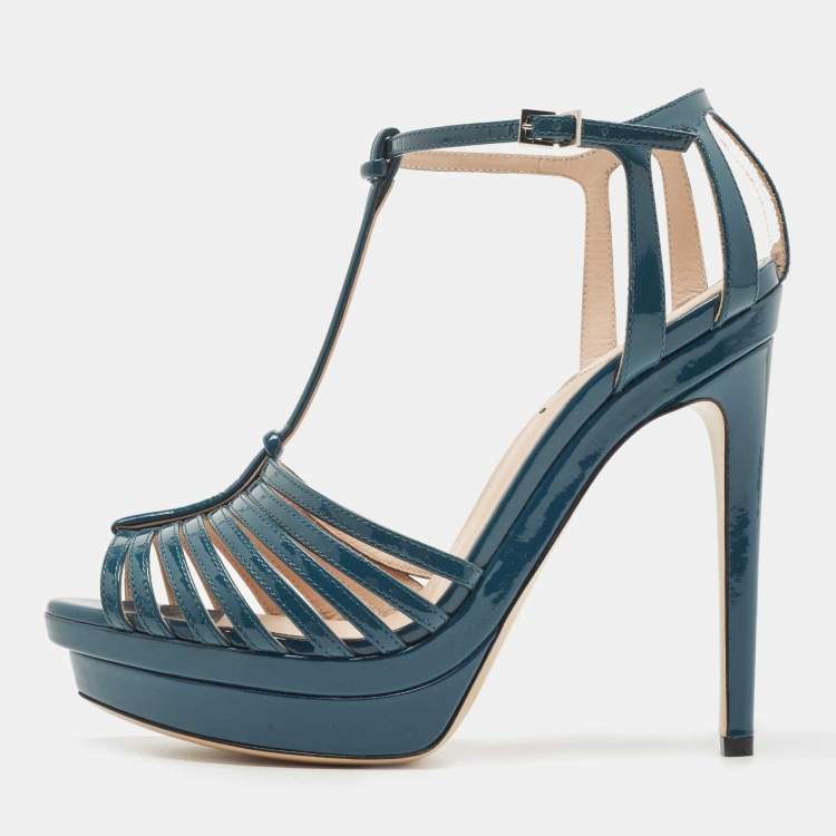 مملوكة مسبقًا Fendi Teal Blue Patent Leather T Strap Platform Sandals Size 37