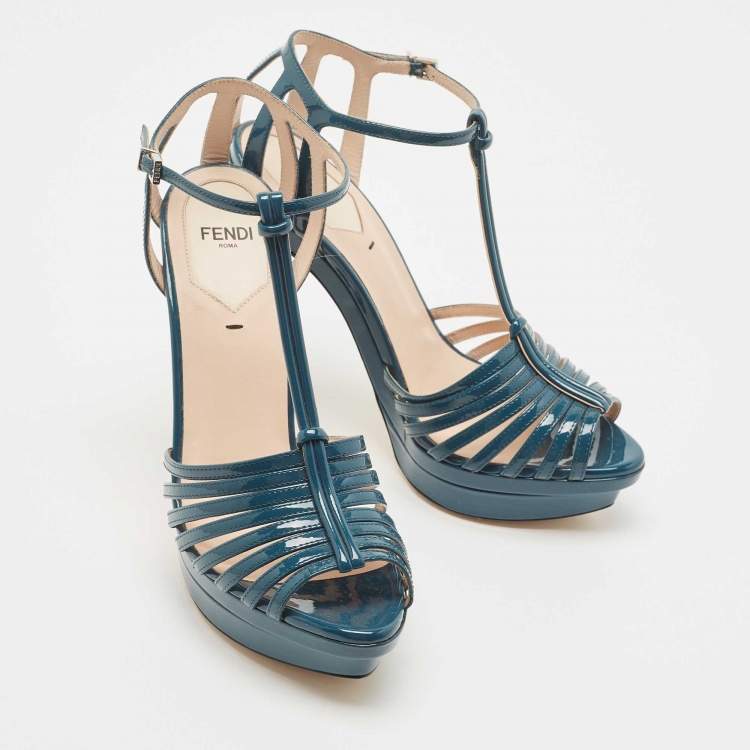 مملوكة مسبقًا Fendi Teal Blue Patent Leather T Strap Platform Sandals Size 37