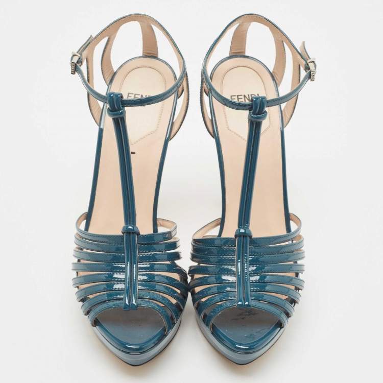 مملوكة مسبقًا Fendi Teal Blue Patent Leather T Strap Platform Sandals Size 37