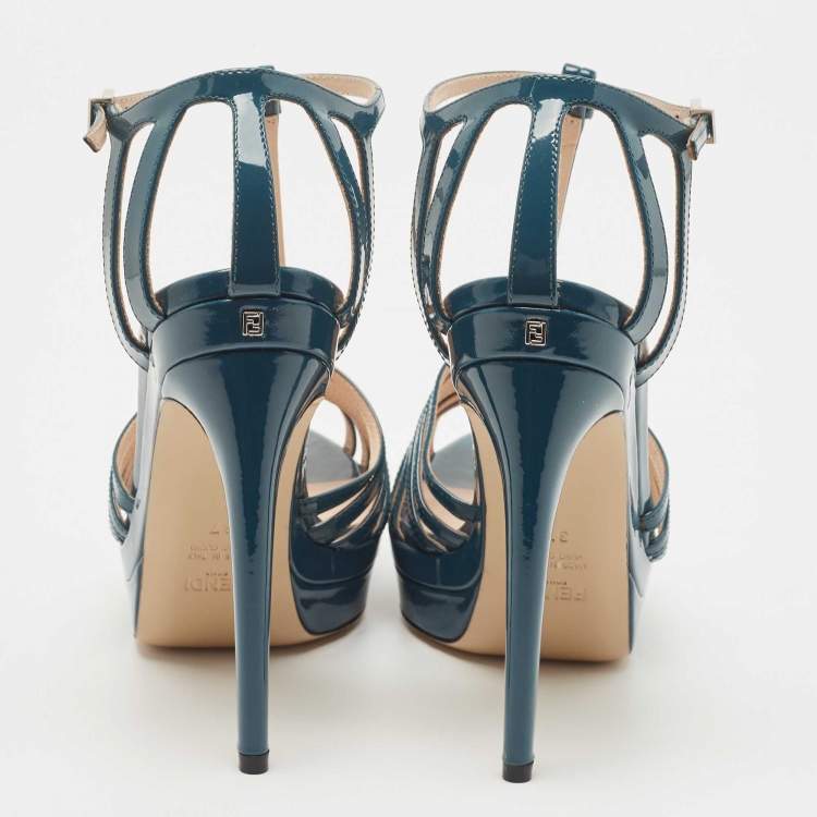 مملوكة مسبقًا Fendi Teal Blue Patent Leather T Strap Platform Sandals Size 37