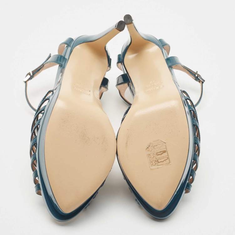 مملوكة مسبقًا Fendi Teal Blue Patent Leather T Strap Platform Sandals Size 37