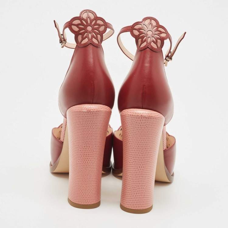 Pre Owned Fendi Burgundy Leather and Lizard Embossed Laser Cut Platform Ankle Strap Sandals Size 41