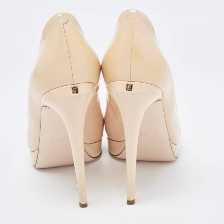 Pre Owned Fendi Beige Patent Leather Peep Toe Pumps Size 39
