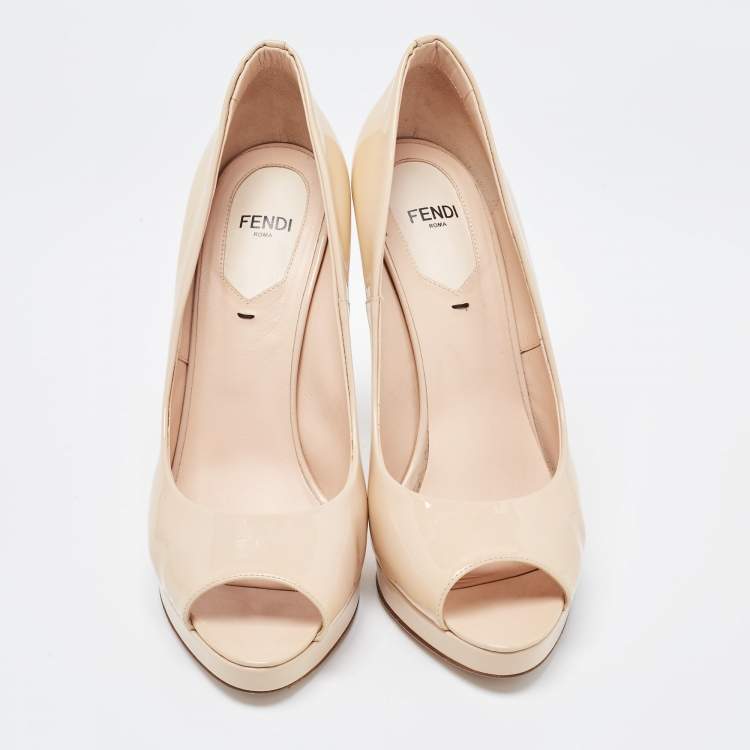 Pre Owned Fendi Beige Patent Leather Peep Toe Pumps Size 39