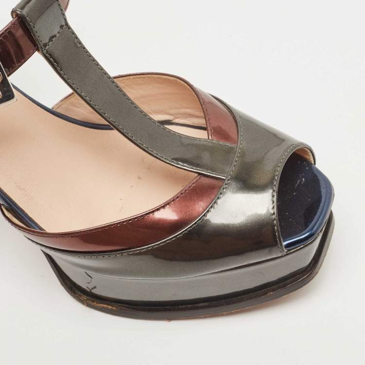Pre Owned Fendi Multicolor Patent Leather Platform Ankle Strap Sandals Size 38