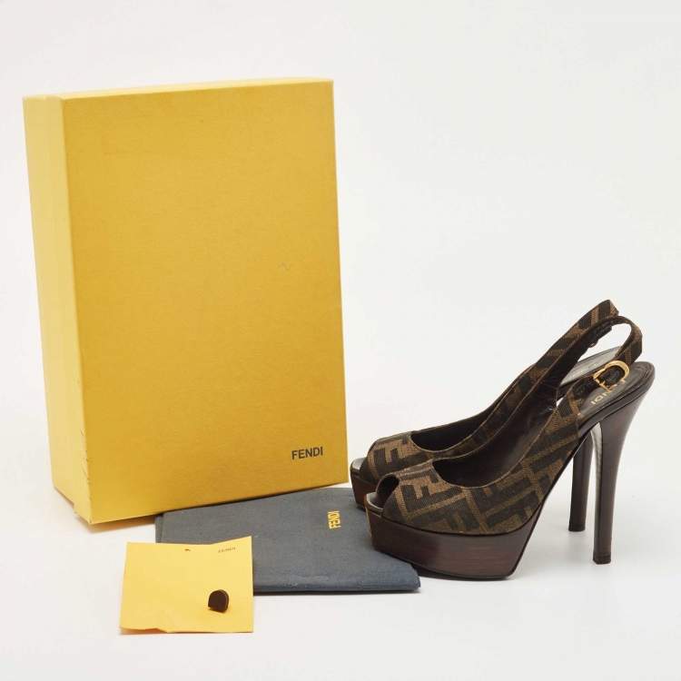 مملوكة مسبقًا Fendi Tobacco Zucca Canvas FF Slingback Pumps Size 37