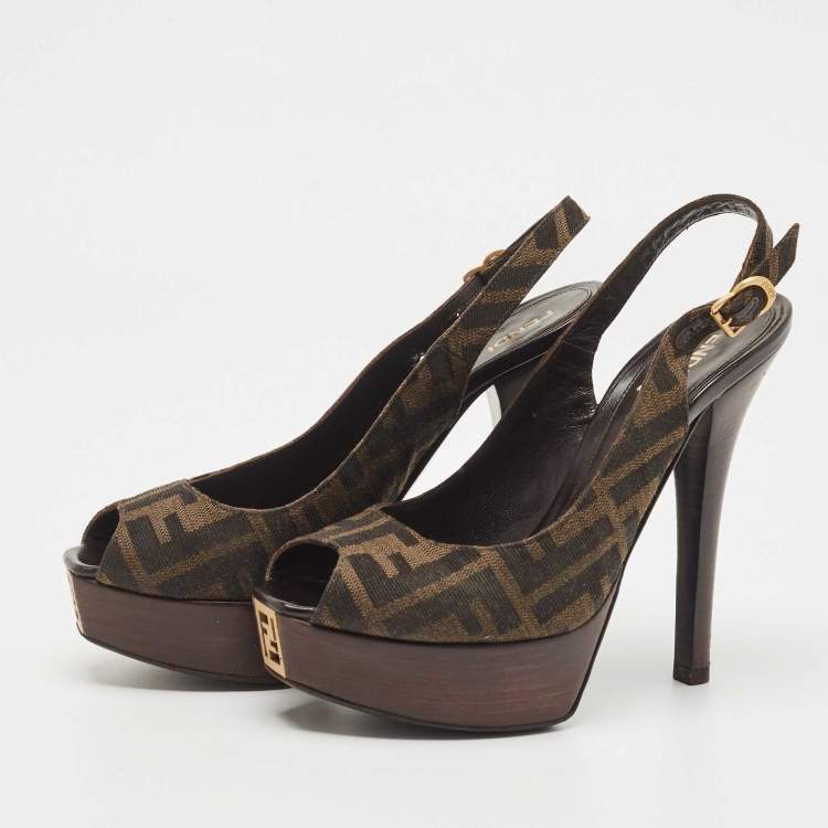 مملوكة مسبقًا Fendi Tobacco Zucca Canvas FF Slingback Pumps Size 37