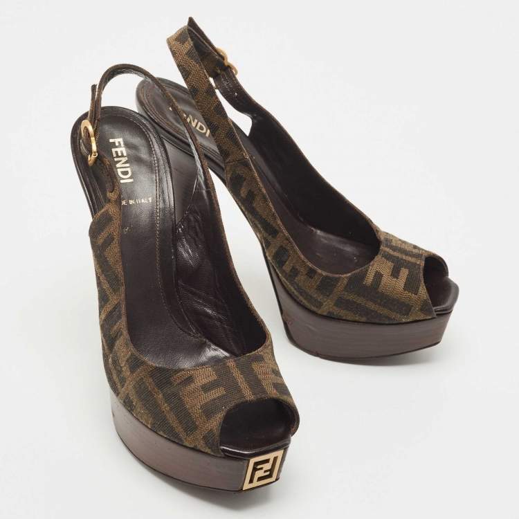 مملوكة مسبقًا Fendi Tobacco Zucca Canvas FF Slingback Pumps Size 37
