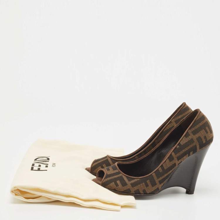 Pre Owned Fendi Brown Zucca Canvas Peep Toe Wedge Pumps Size 36