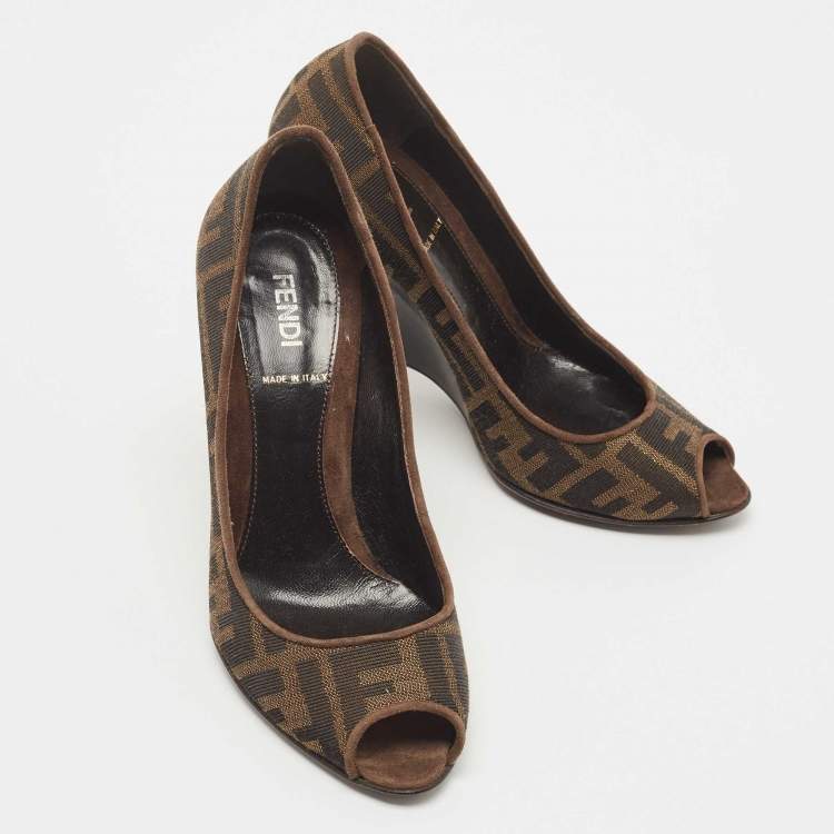 Pre Owned Fendi Brown Zucca Canvas Peep Toe Wedge Pumps Size 36