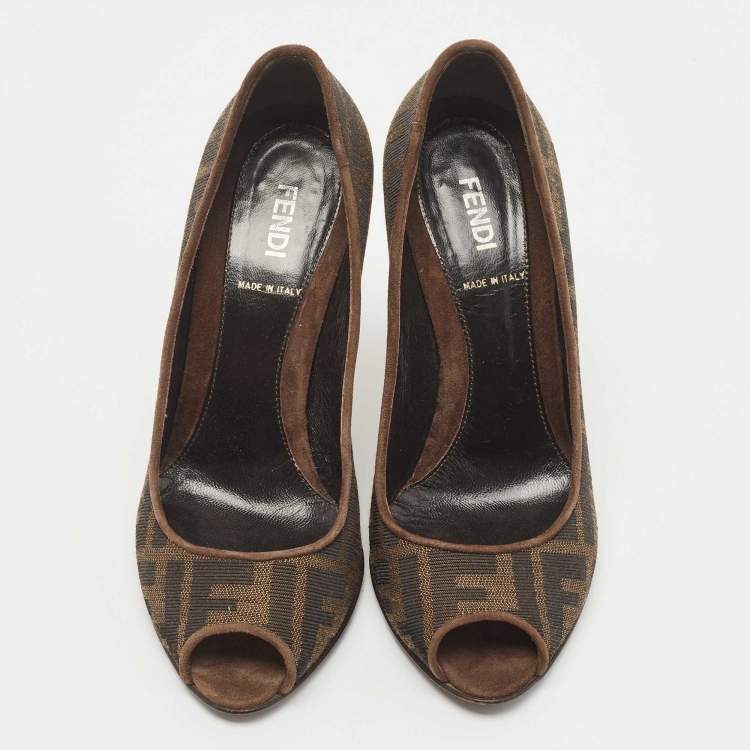 Pre Owned Fendi Brown Zucca Canvas Peep Toe Wedge Pumps Size 36