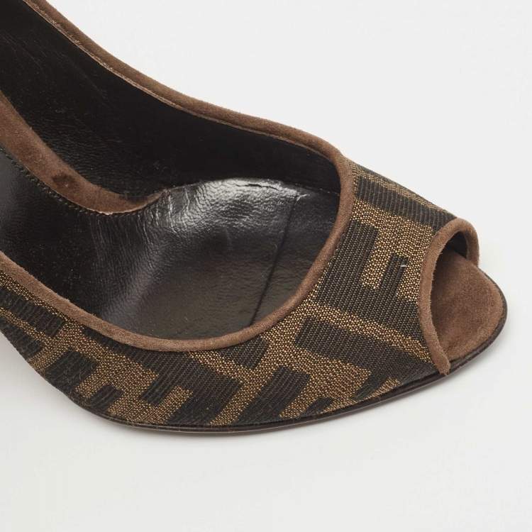 Pre Owned Fendi Brown Zucca Canvas Peep Toe Wedge Pumps Size 36