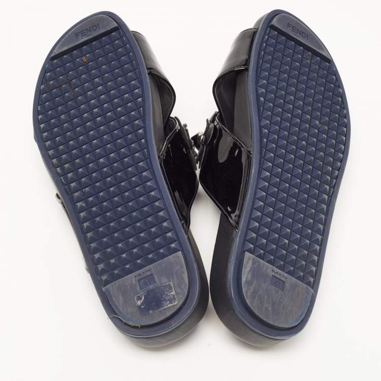 Pre Owned Fendi Black Patent Leather Flowerland Stud Criss Cross Flat Sandals Size 41